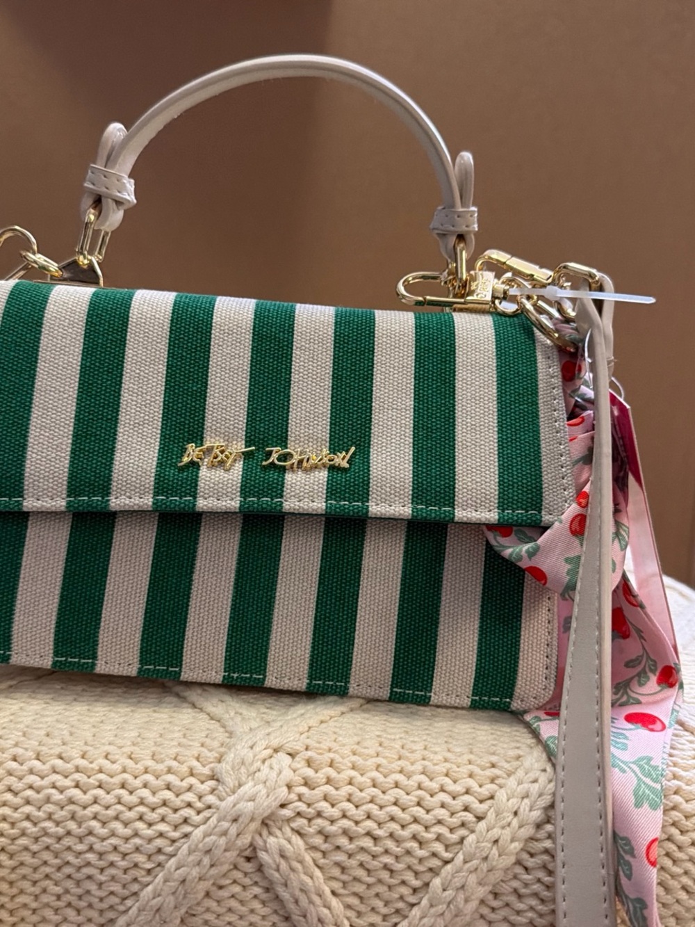 Betsey Johnson Green & Cream Striped Crossbody Bag with Scarf Accent
